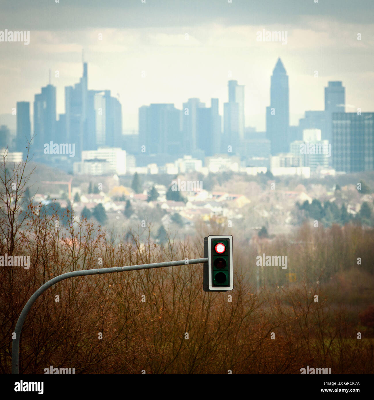 Red Light In Front Of The Frankfurt Skyline Stock Photo