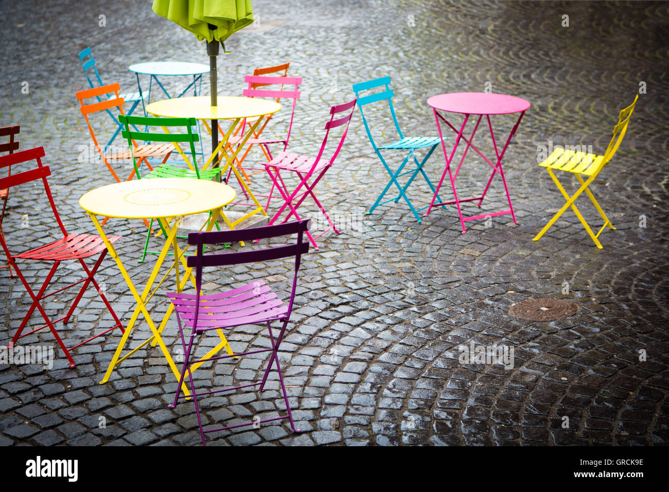 Sidewalk Cafe, Colorful Seats Stock Photo