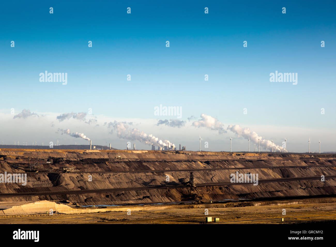 Brown Coal Mining Garzweiler With Coal Power Plants And Wind Farms Stock Photo