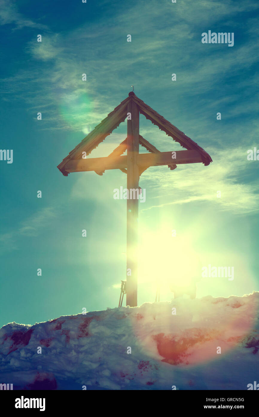 Alpine Summit Cross Against The Light Stock Photo Alamy