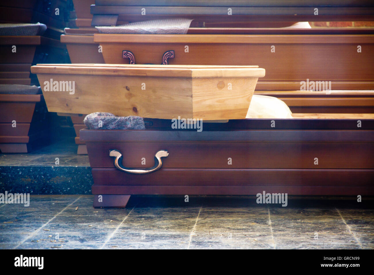 Coffins In A Mortuary Stock Photo