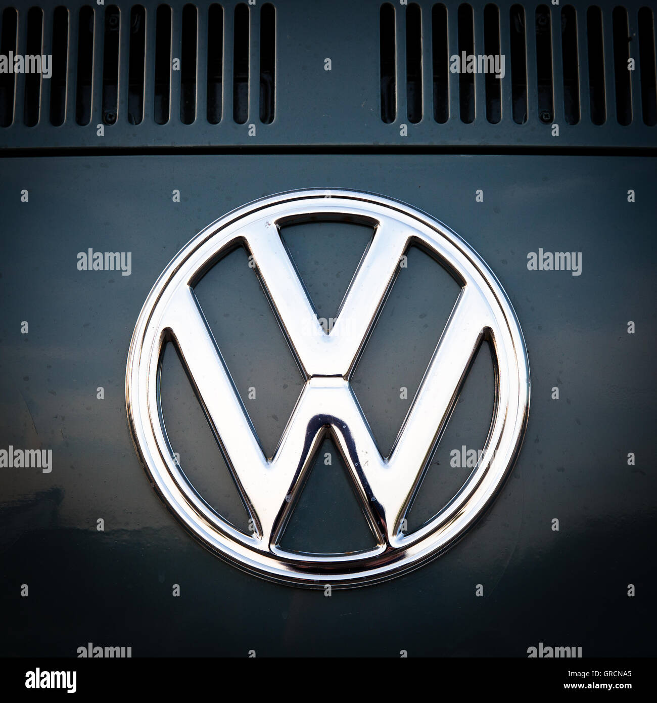 Volkswagen Brand Logo On Vw Bus T2 Stock Photo
