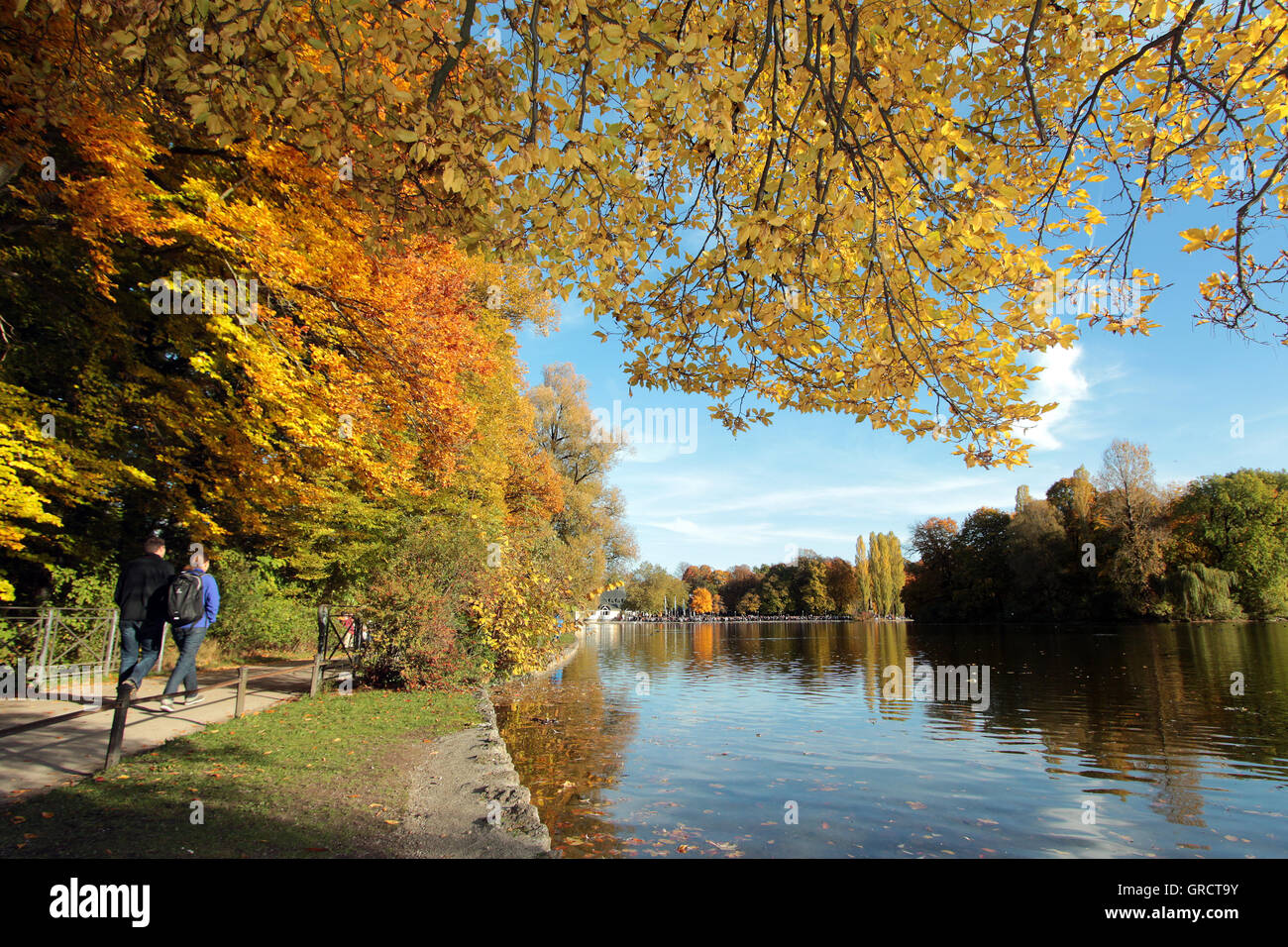 Fall Foliage With Lake Kleinhesseloher See At Park Englischer