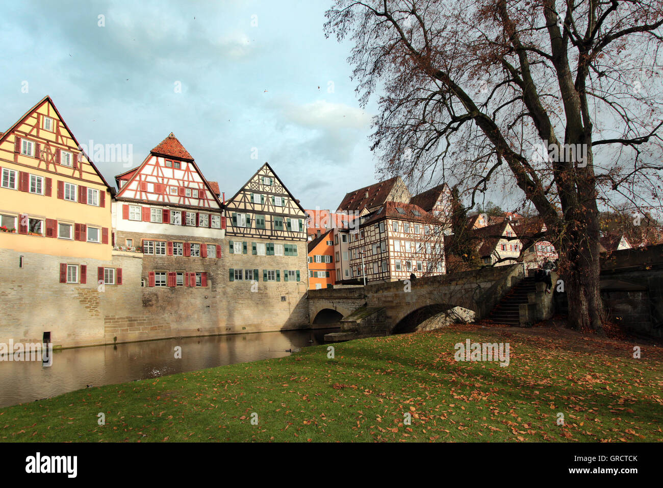 Historic Old Town Schwaebisch Hall With River Kocher Stock Photo