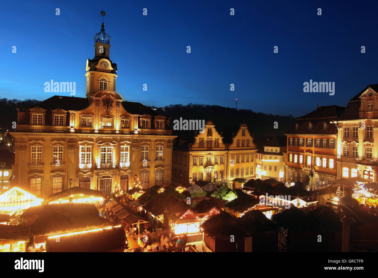 Traditional Christmas Market In Historic Old Town Of Schwaebisch Hall Stock Photo