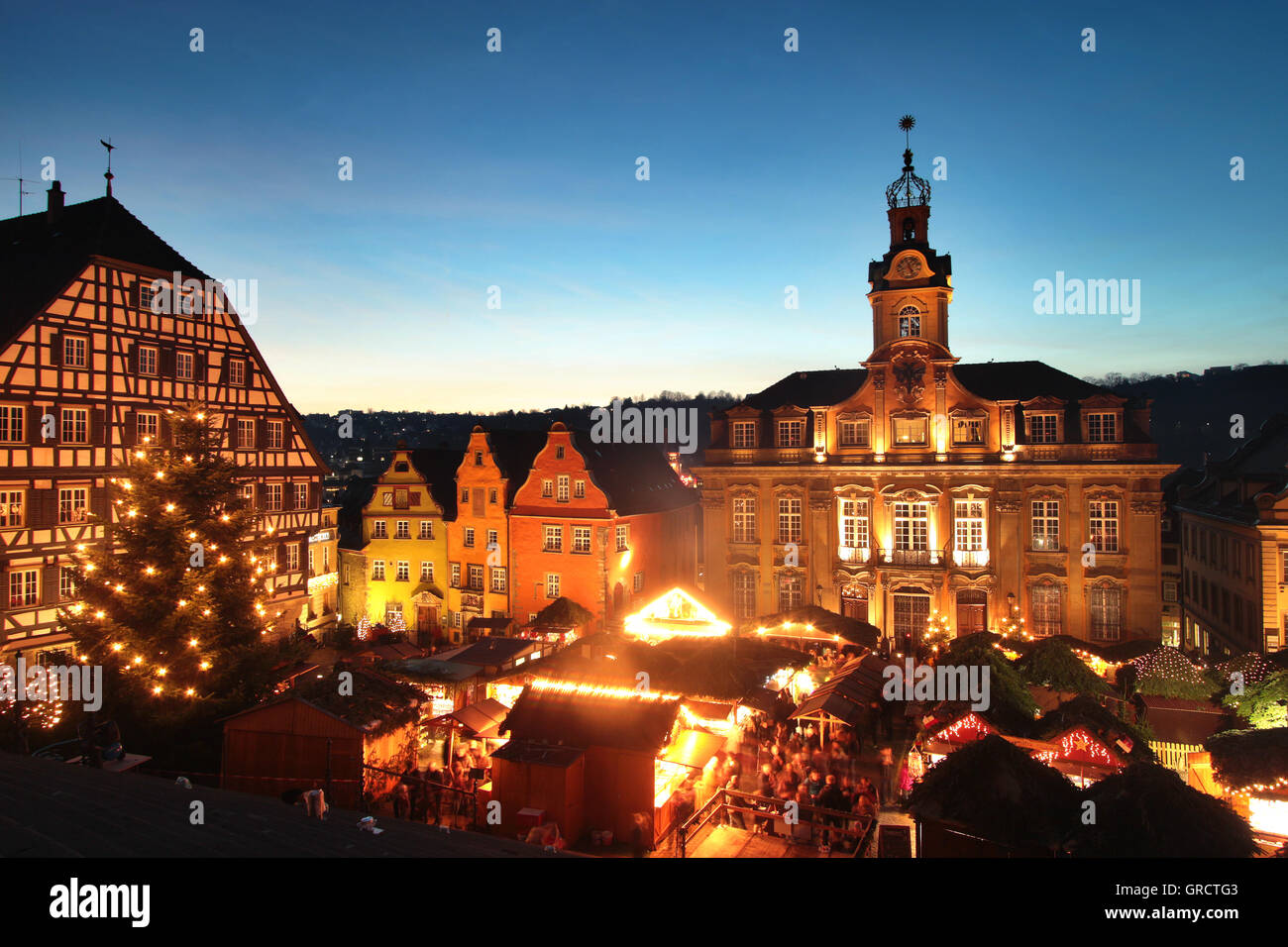 Traditional Christmas Market In Historic Old Town With Townhall Of Schwaebisch Hall Stock Photo