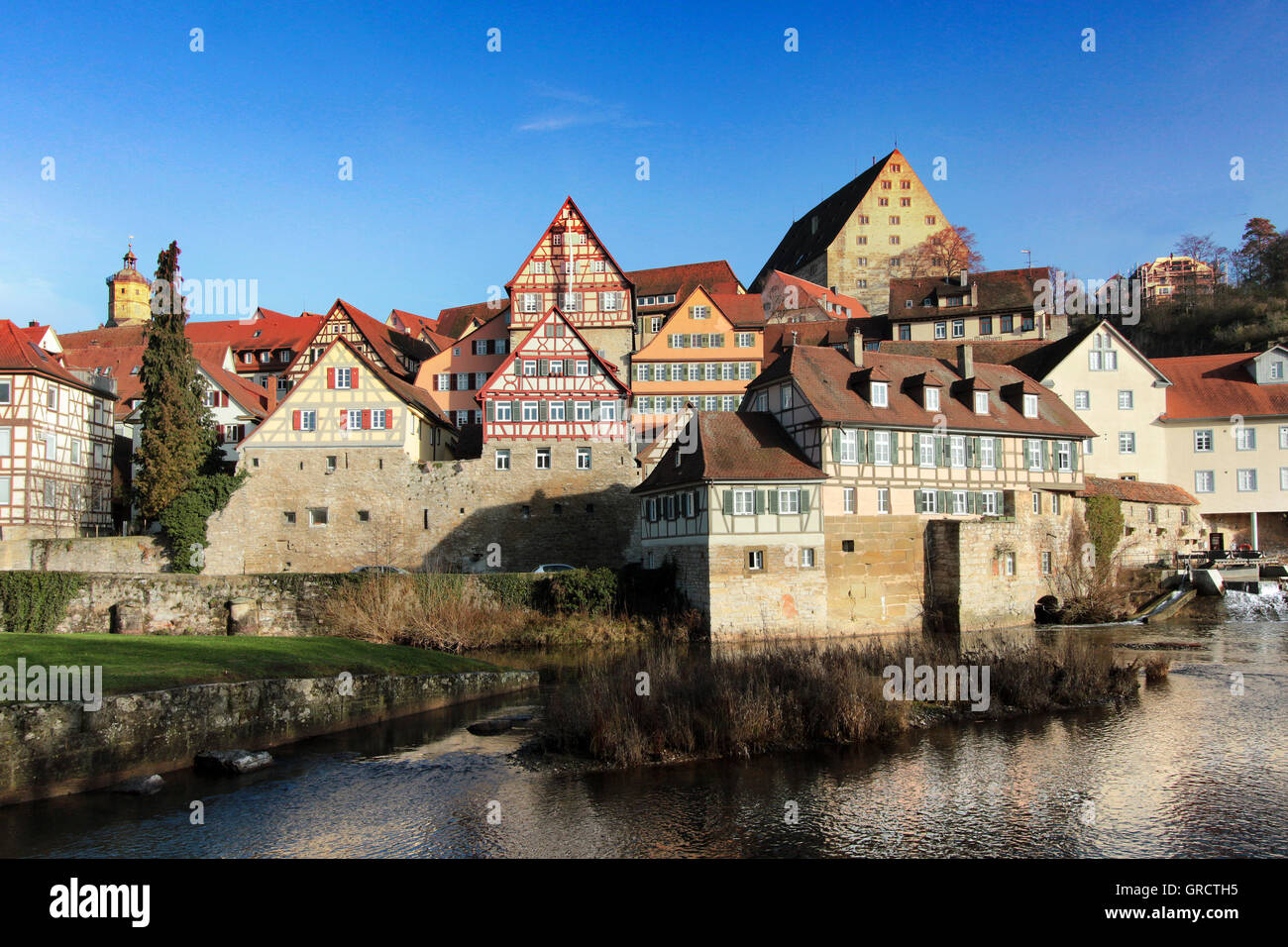 Historic Old Town Schwaebisch Hall With River Kocher Stock Photo