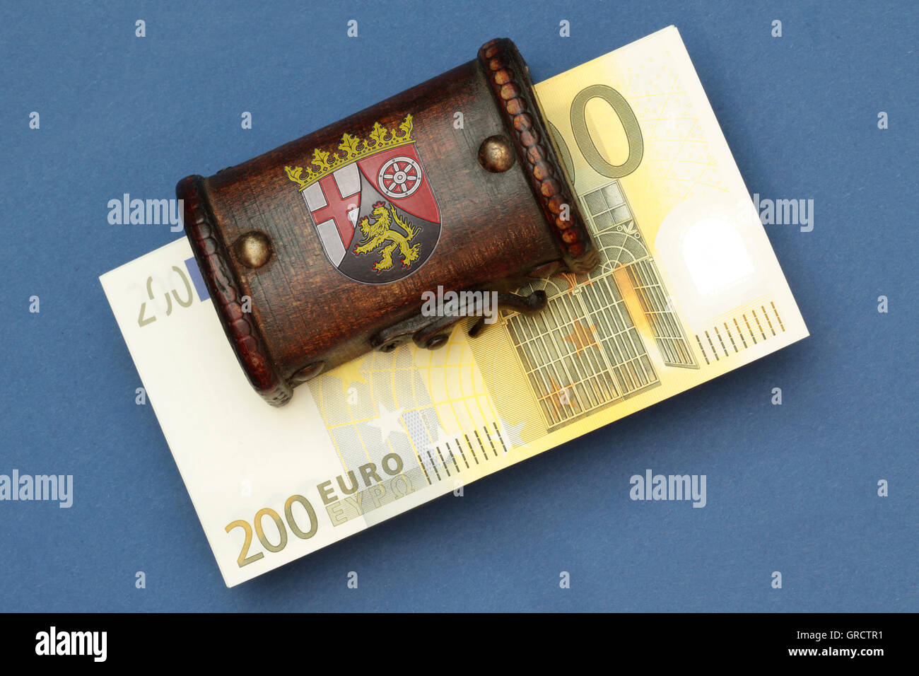 Treasure Chest With Seal Of State Rheinland Pfalz And Euro Bills Stock Photo