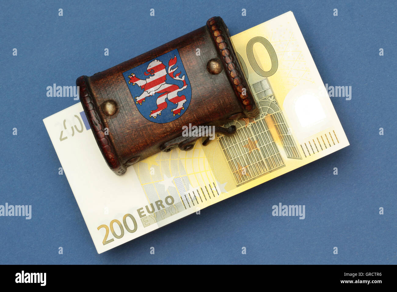 Treasure Chest With Seal Of State Hessen And Euro Bills Stock Photo