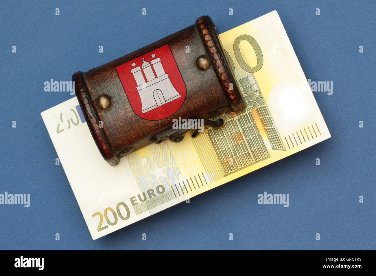Treasure Chest With Seal Of State Hamburg And Euro Bills Stock Photo