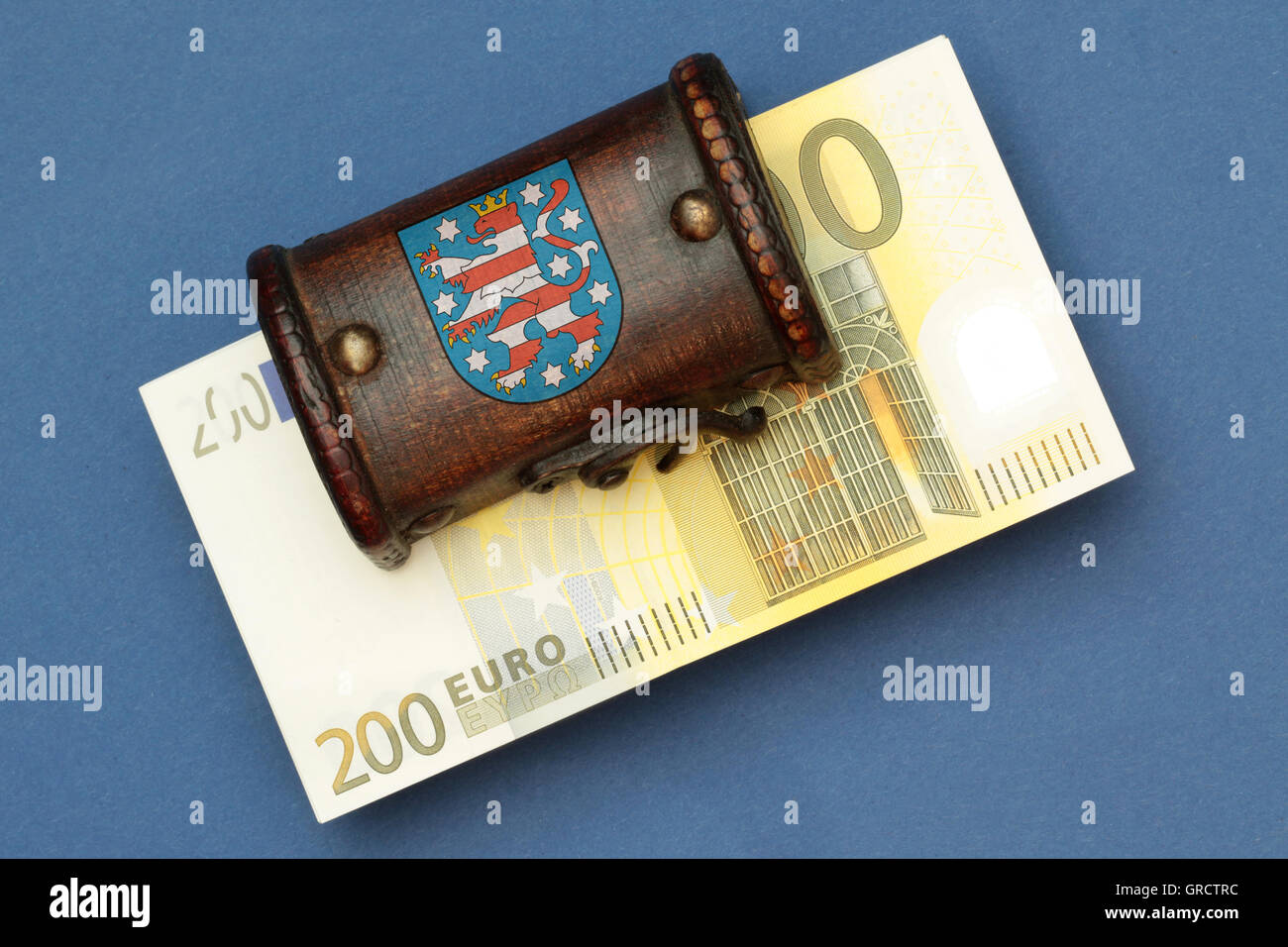 Treasure Chest With Seal Of State Thuringia And Euro Bills Stock Photo