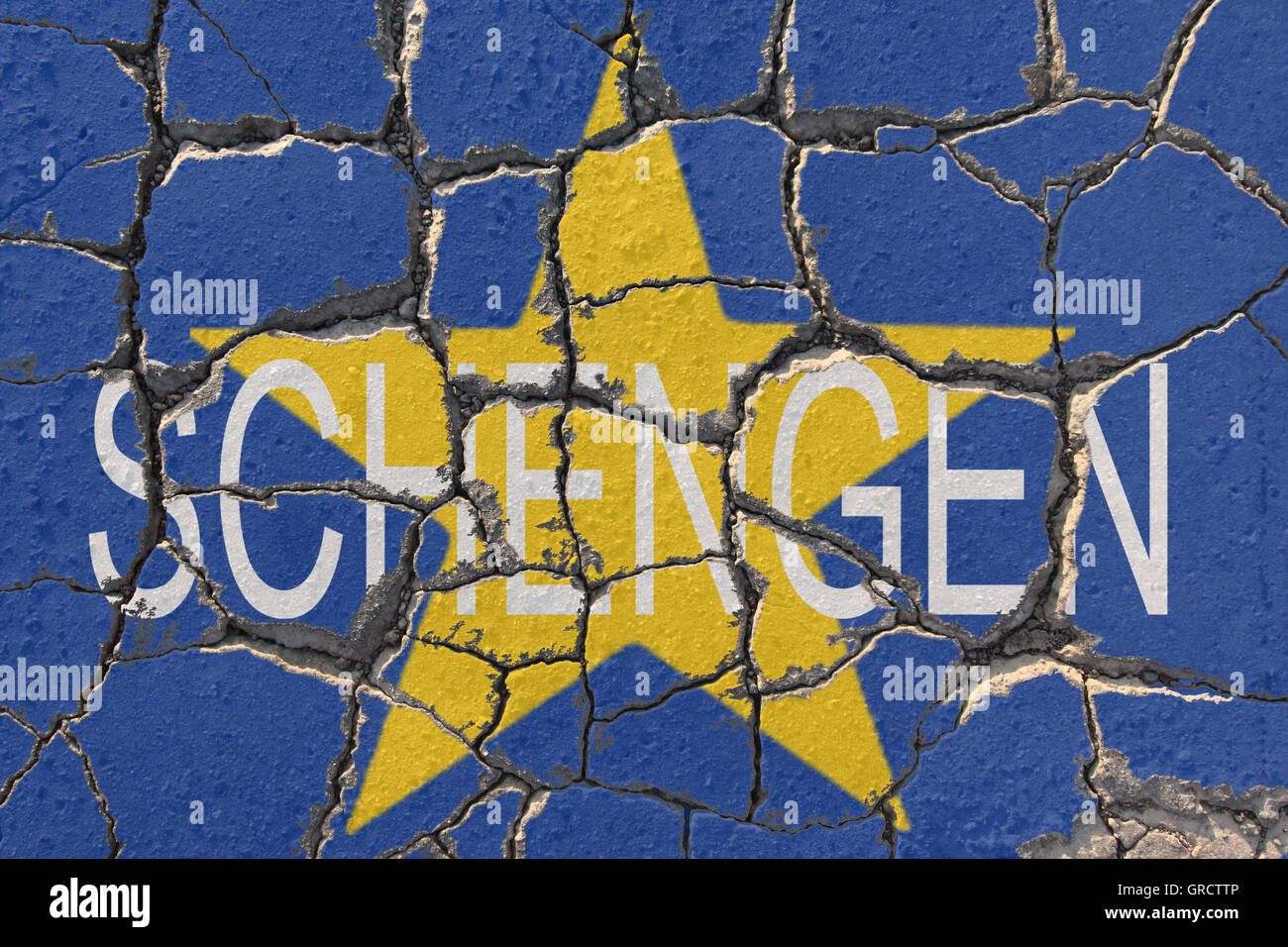 Eu Crisis With Eroding Eu Flag And Word Schengen Stock Photo