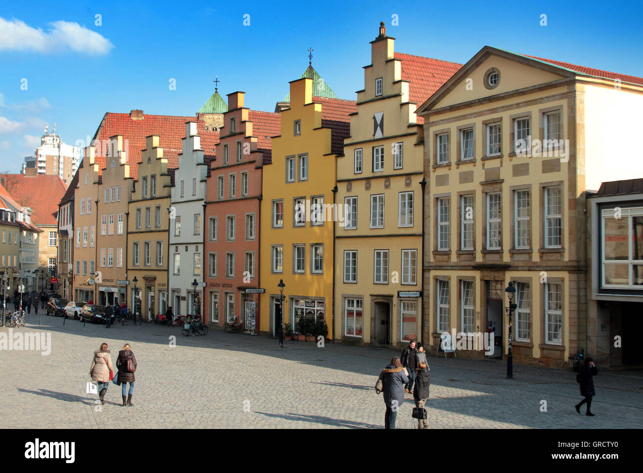 Historic Town Houses At Marktplatz Market Place At Osnabrueck, Lower Saxony, Germany Stock Photo
