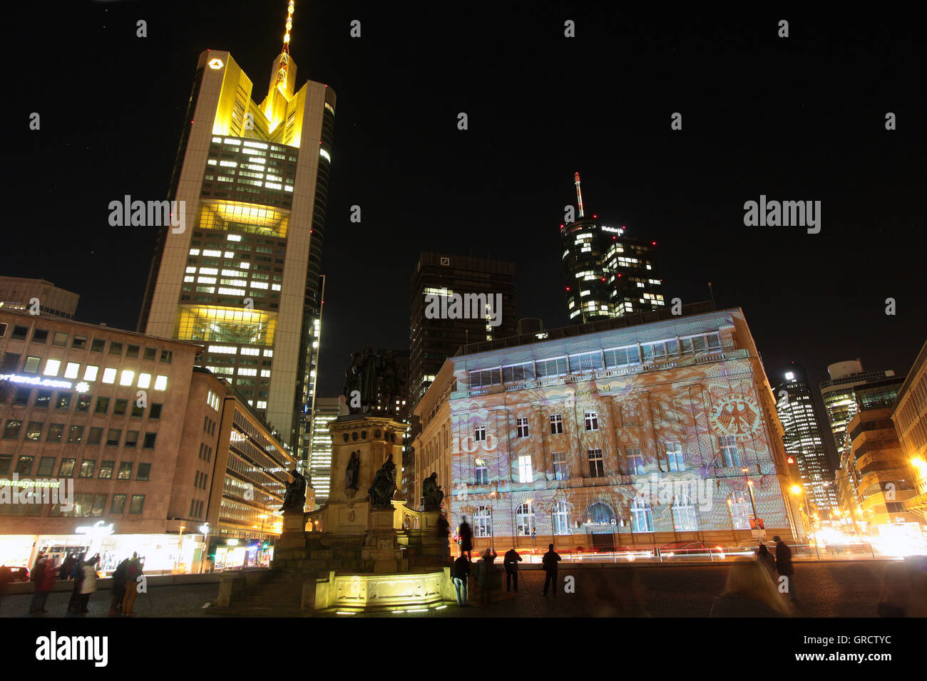 Illuminated Fassade Of Deutsche Bank With Deutschmark Bill During Luminale 2016 In Frankfurt Stock Photo