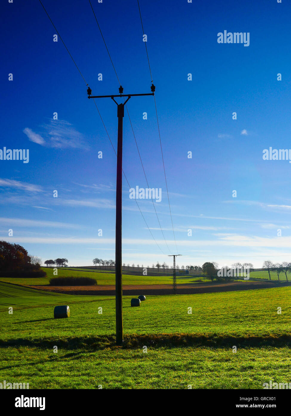 Telegraph Pole And Management On Open Fields On A Sunny Autumn Morning Stock Photo