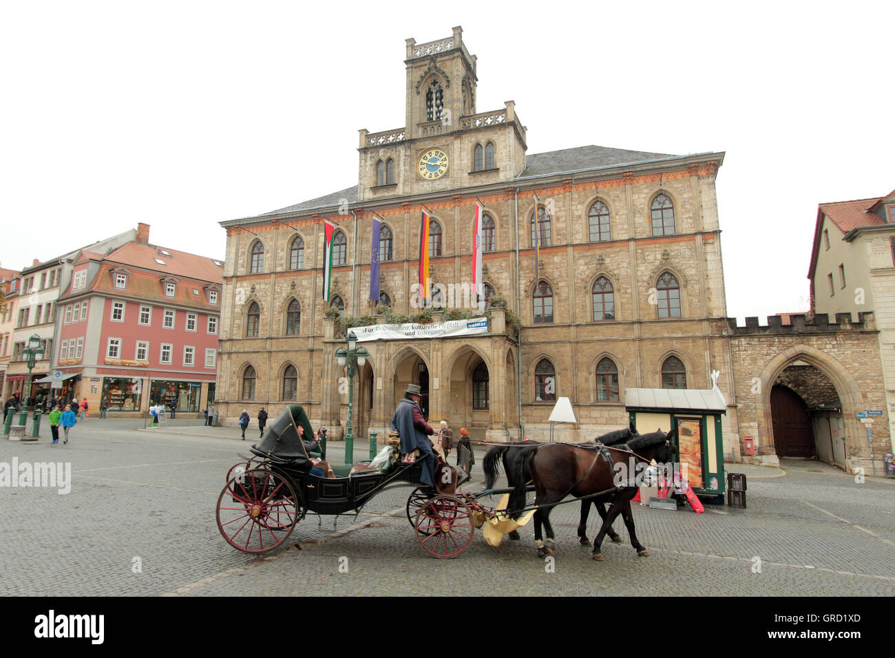 Weimar Town Hall With Horse Drawn Carriage In Weimar Stock Photo