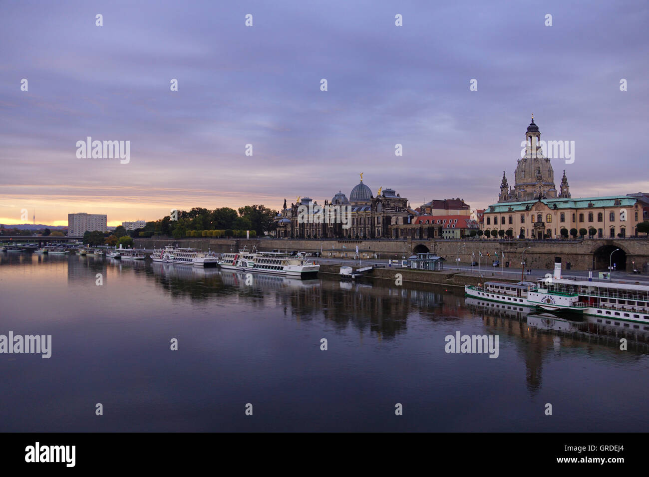 Skyline Of Dresden, River Elbe, Frauenkirche, Sunrise, Dresden, Saxony, Germany, Europe Stock Photo