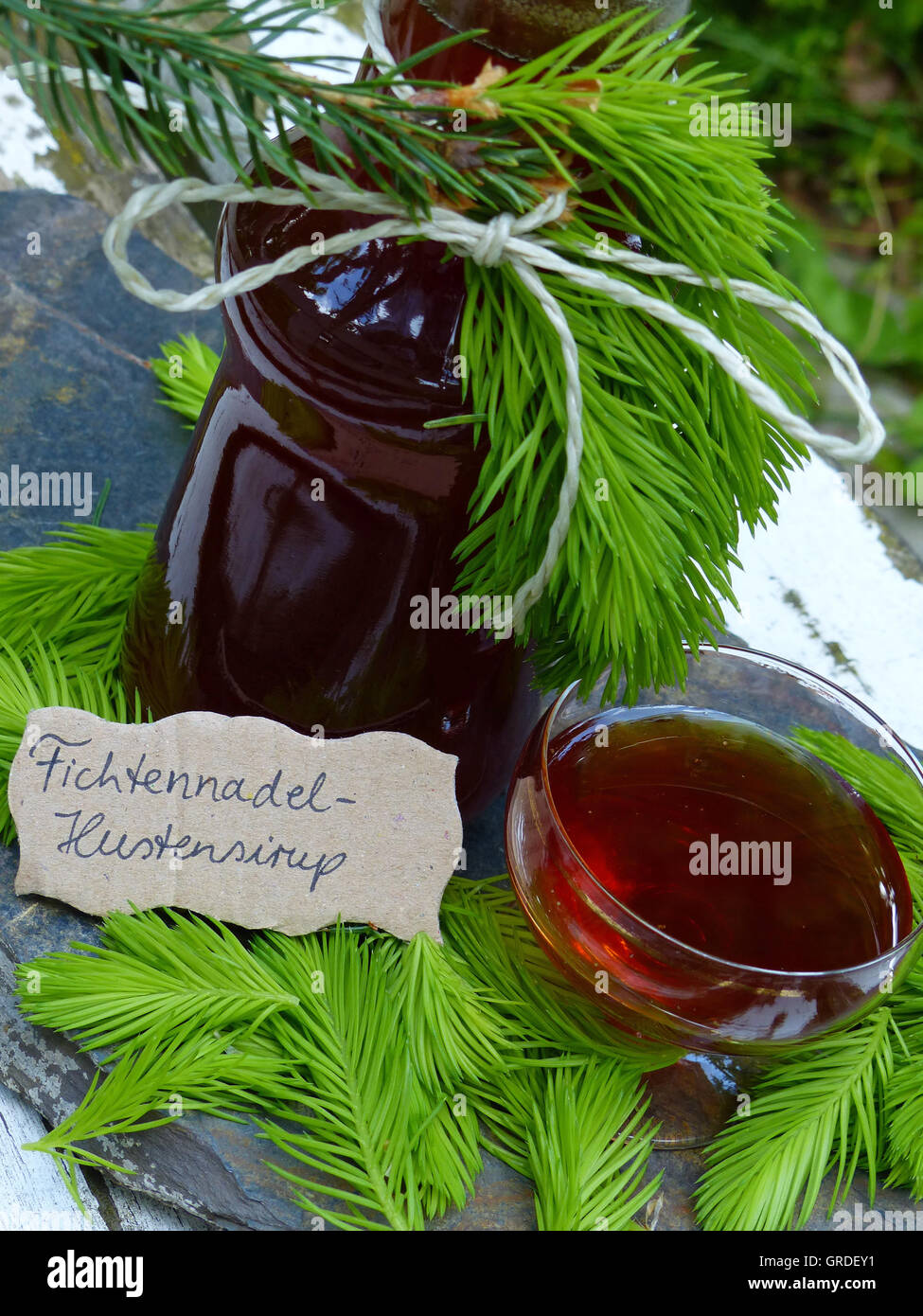 Pine Needle Cough Syrup Handmade, From A Traditional Recipe Stock Photo