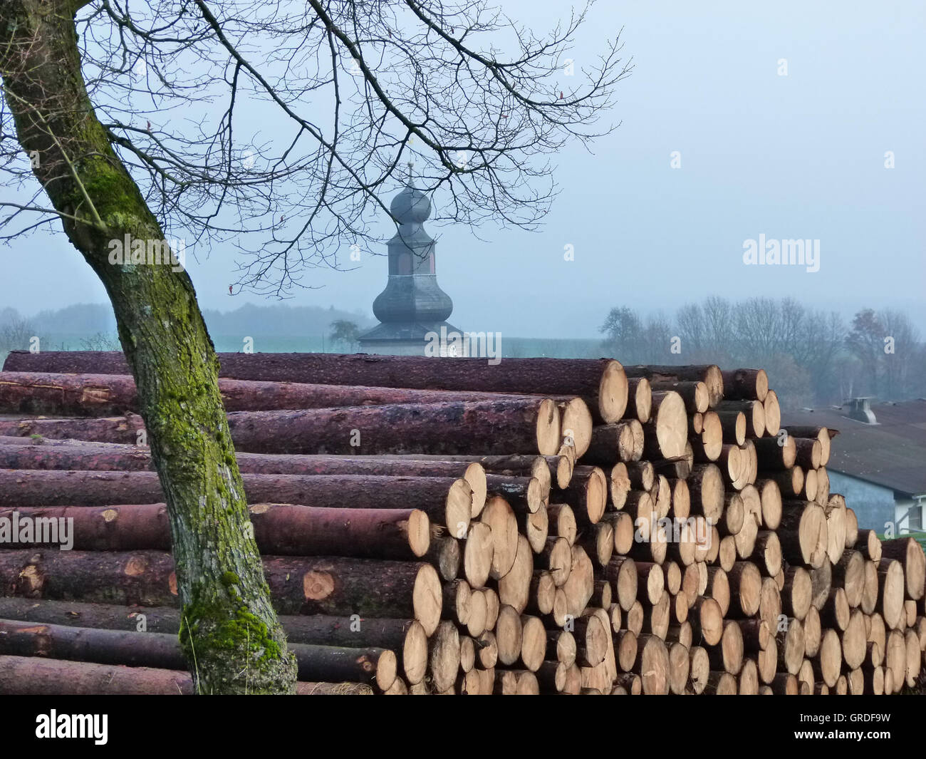 Stack Of Wood And Rural Idyll In Franconia, Germany, Europe Stock Photo