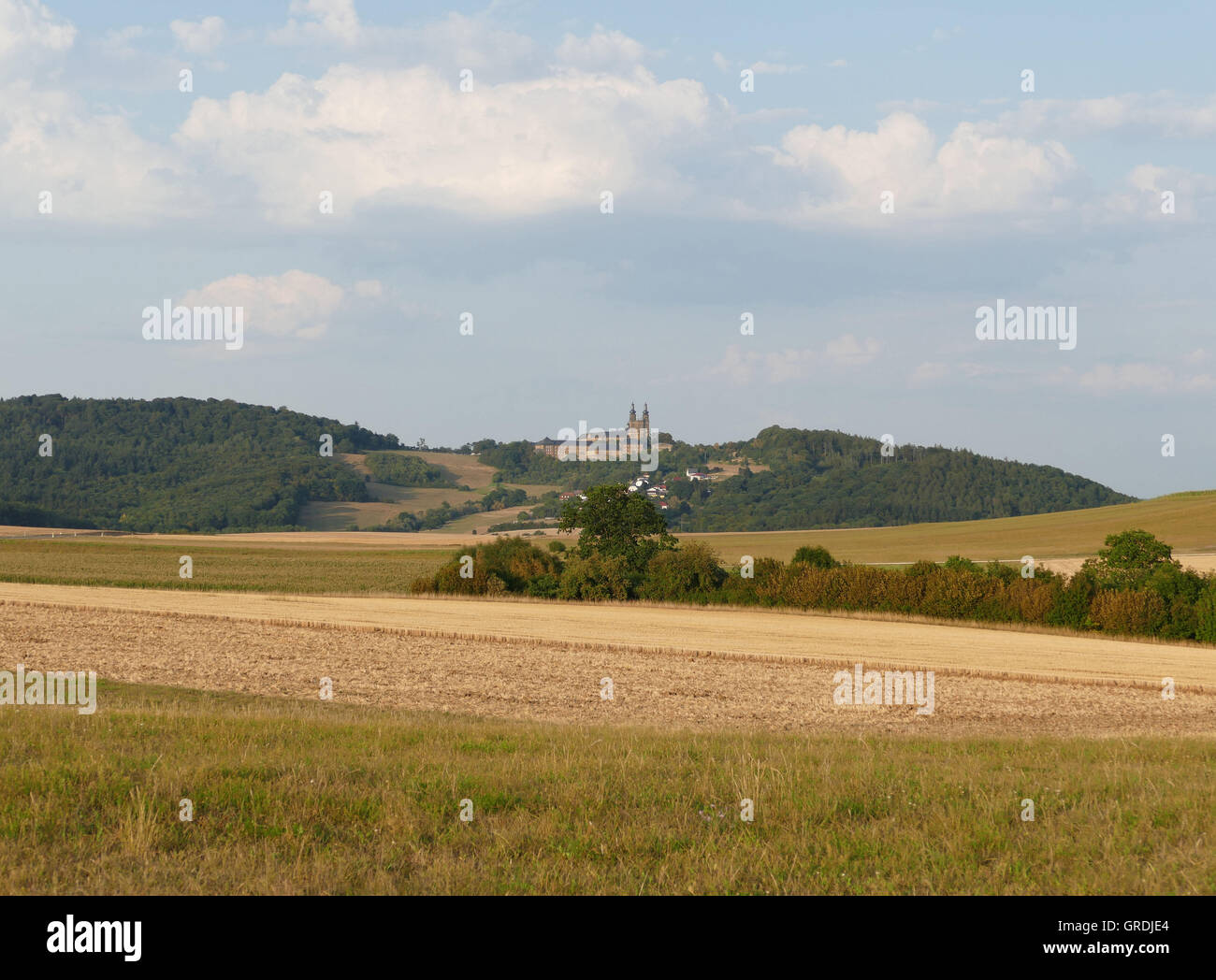 Landscape In Upper Franconia In The District Of Lichtenfels, With Cloister Banz In The Background Stock Photo