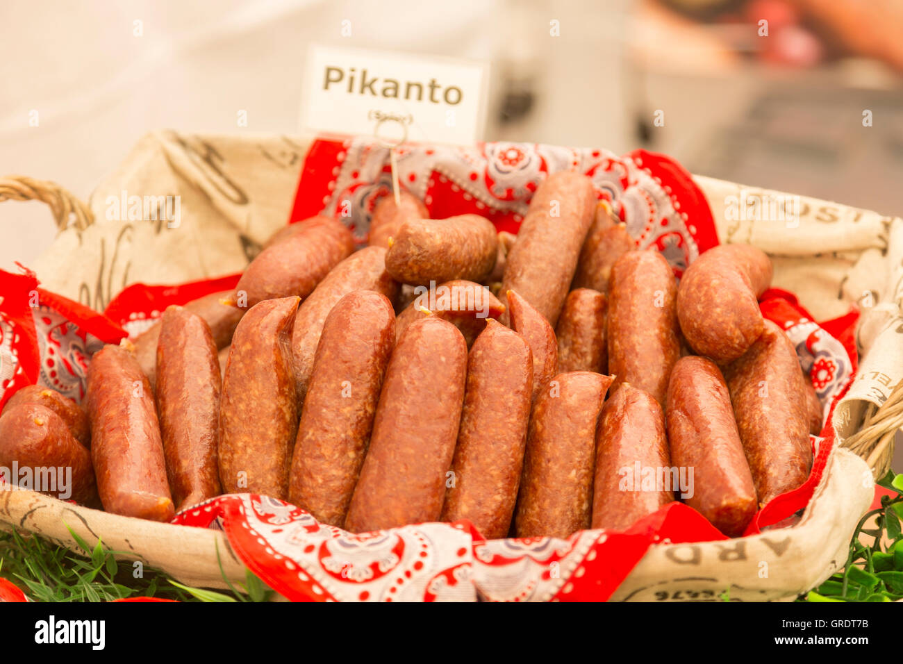 Sausage Specialty In A Basket On A Market Stall Stock Photo Alamy