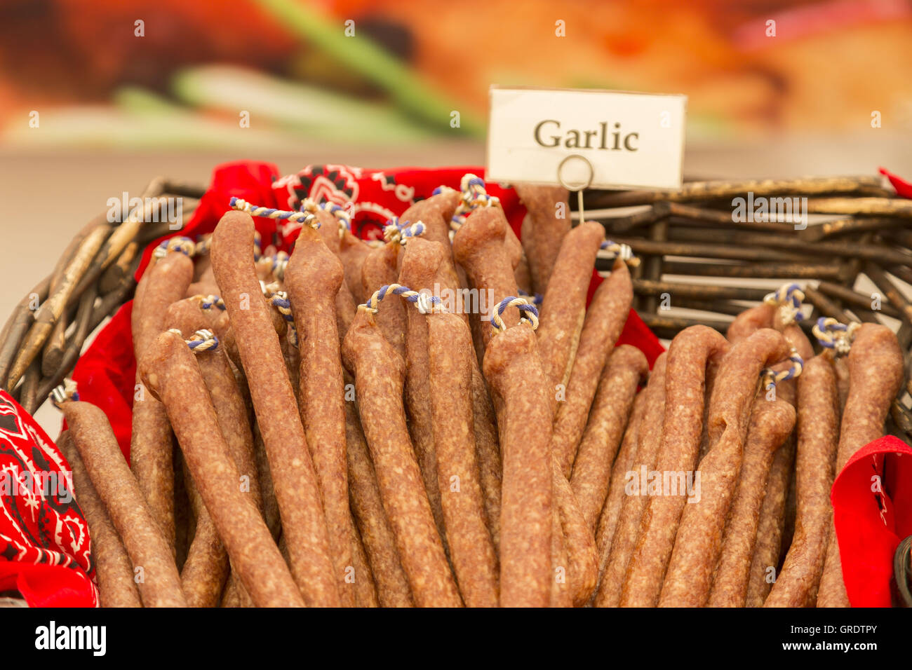 Sausage Specialty In A Basket On A Market Stall Stock Photo Alamy