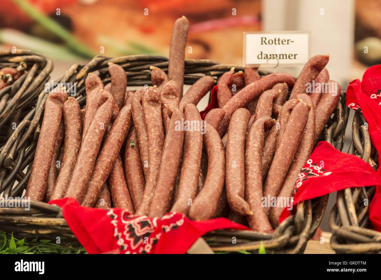 Sausage Specialty In A Basket On A Market Stall Stock Photo Alamy