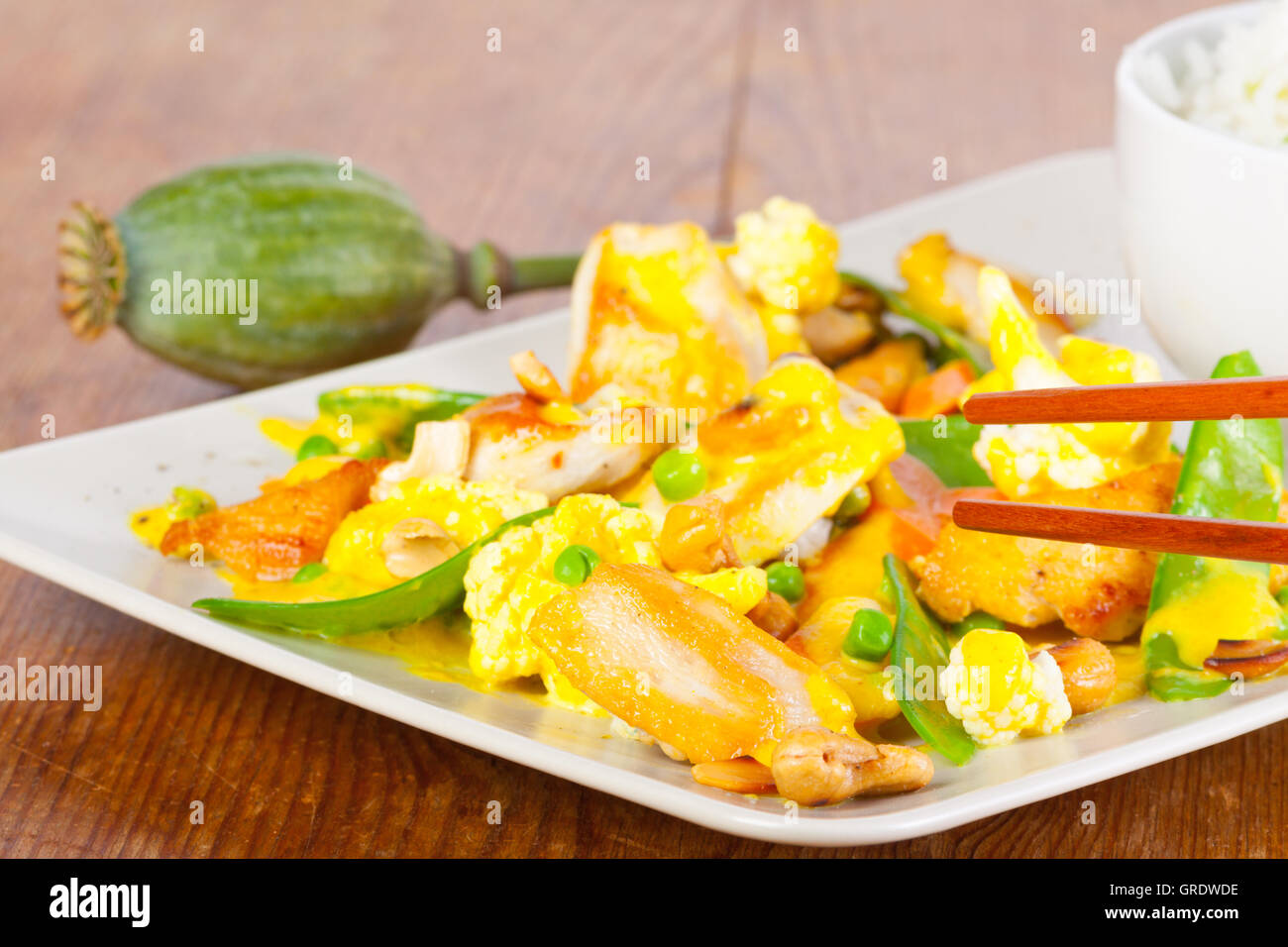 Chicken Fillet With Peas, Beans And Vegetable Rice Stock Photo