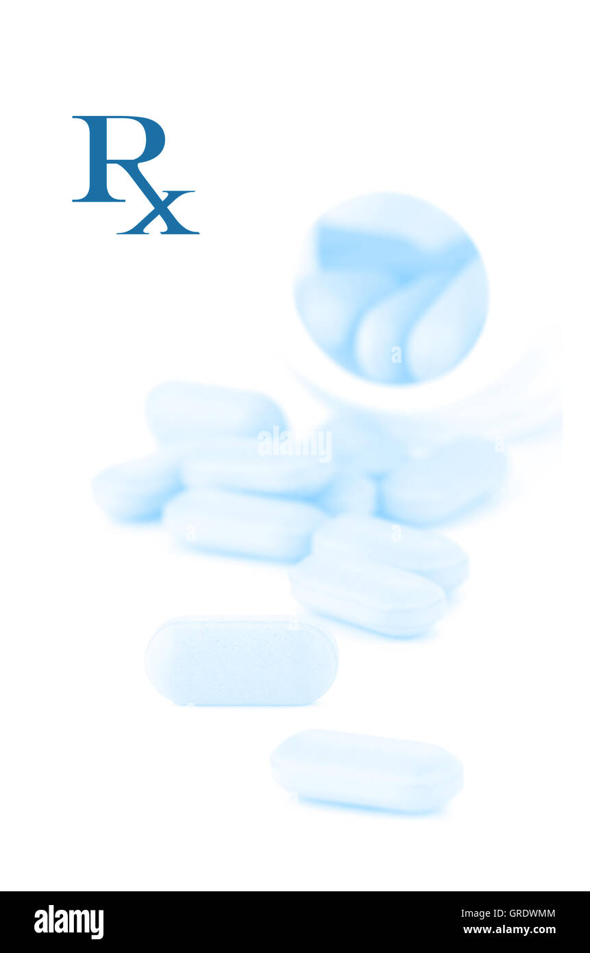 Unique prescription pattern with blue caplet background. Stock Photo