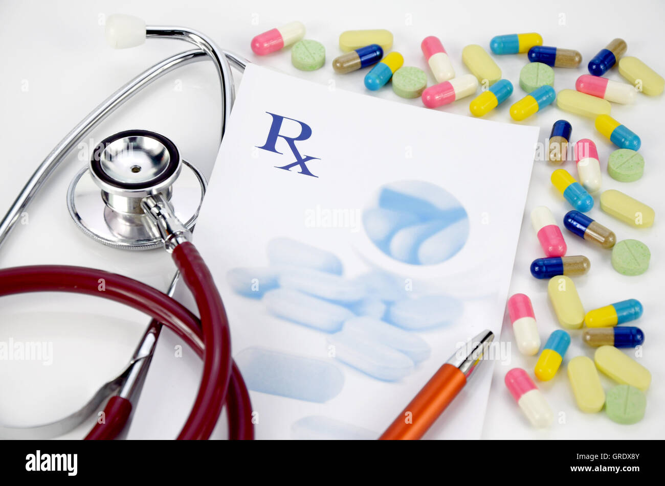 Stethoscope, prescription and medicine in prescription medication concept Stock Photo Alamy