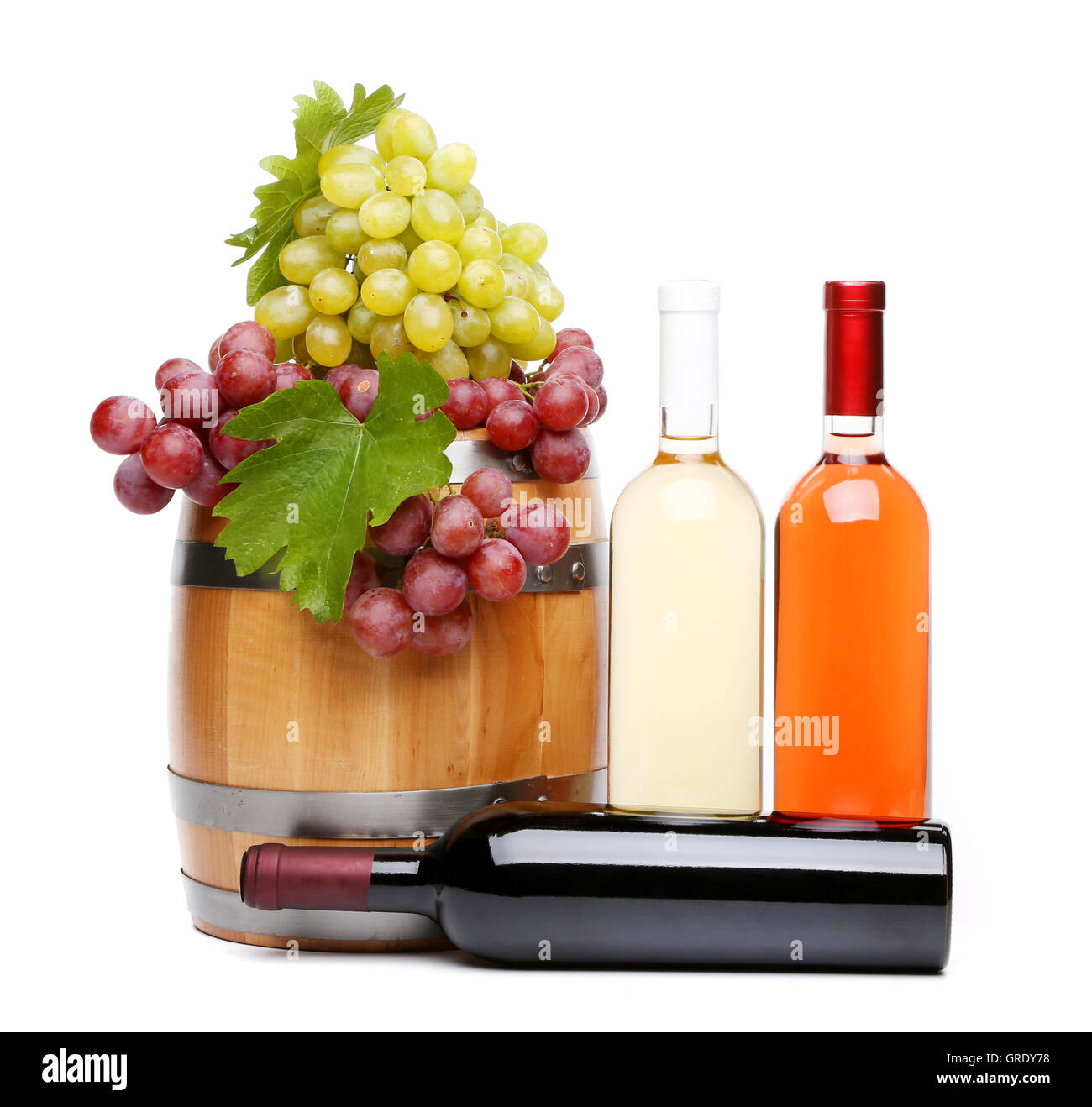 barrel, bottles of wine and ripe grapes on barrel Stock Photo Alamy