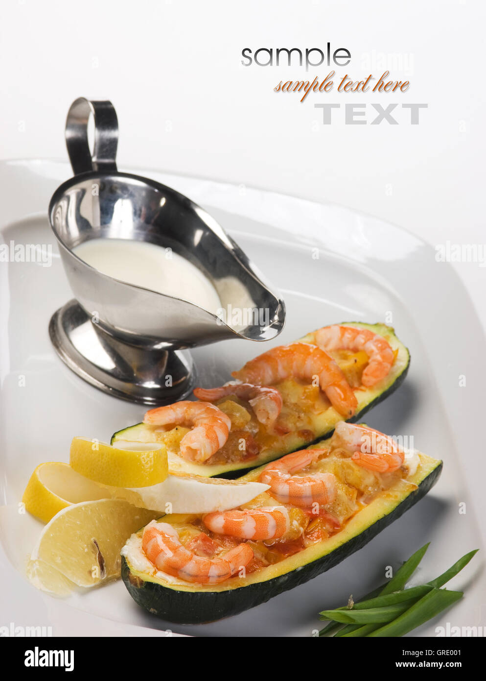 Shrimp baked in zucchini Stock Photo