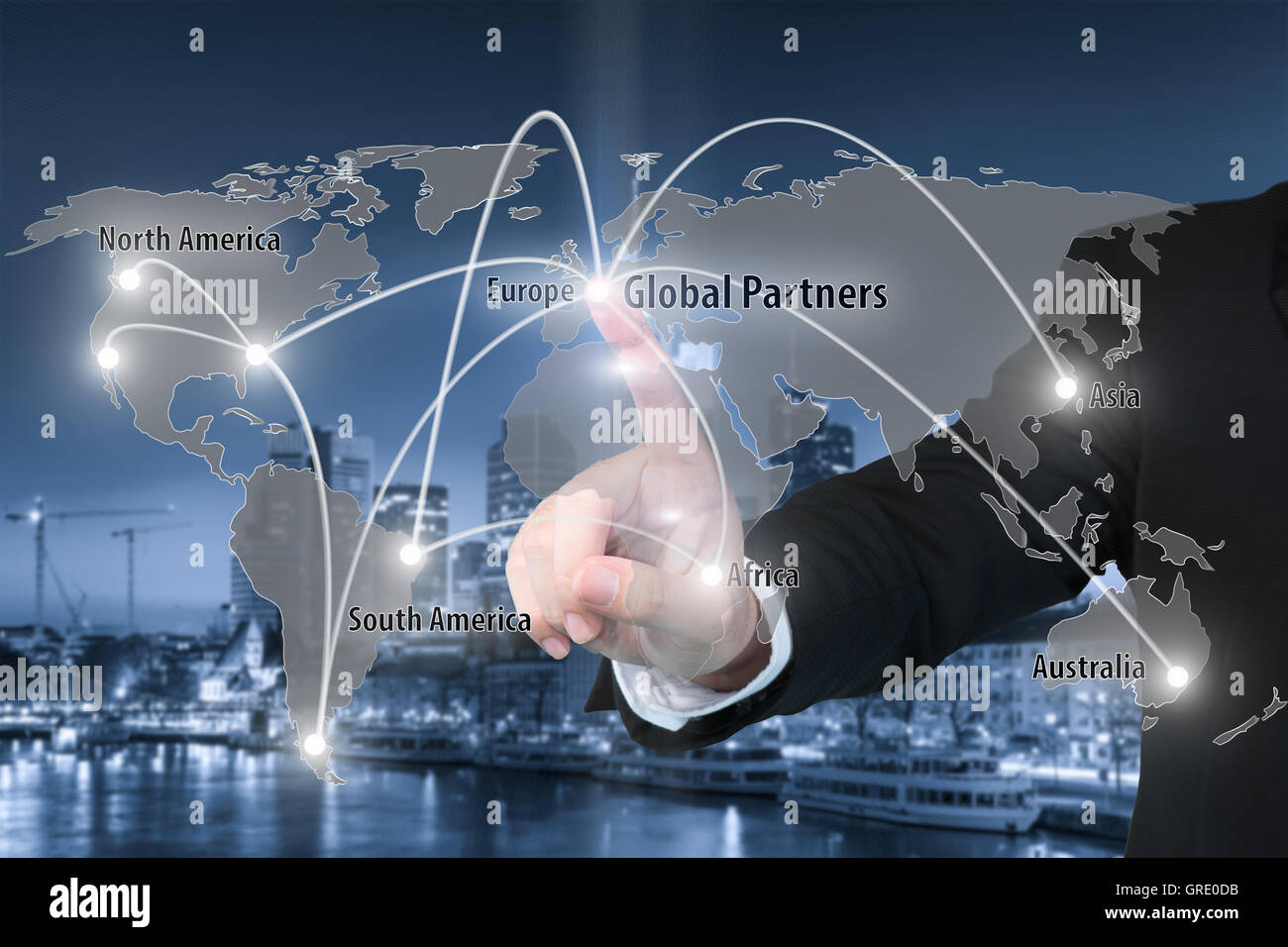 Businessman working with virtual interface connection map of global