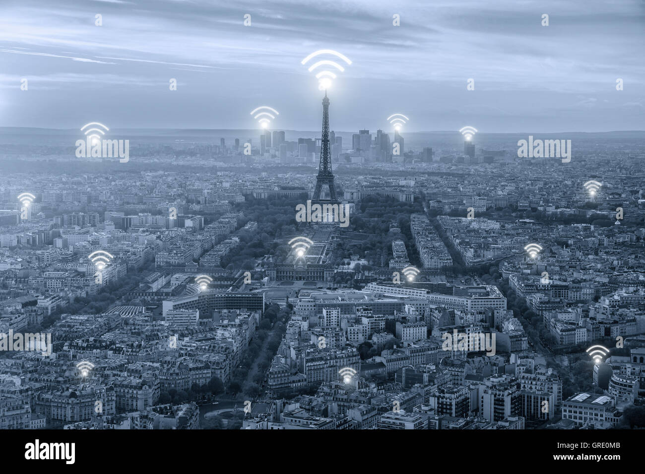 Wifi icon and Paris city with network connection concept, Paris smart city and wireless communication network, abstract image vi Stock Photo