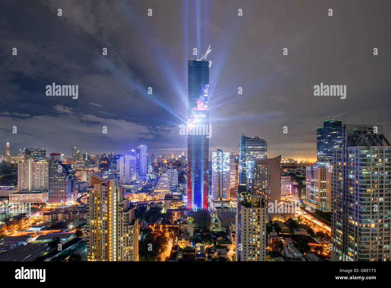 Light and sound show on Mahanakhon building,Mahanakhon building is tallest building in Bangkok,Thailand. Stock Photo