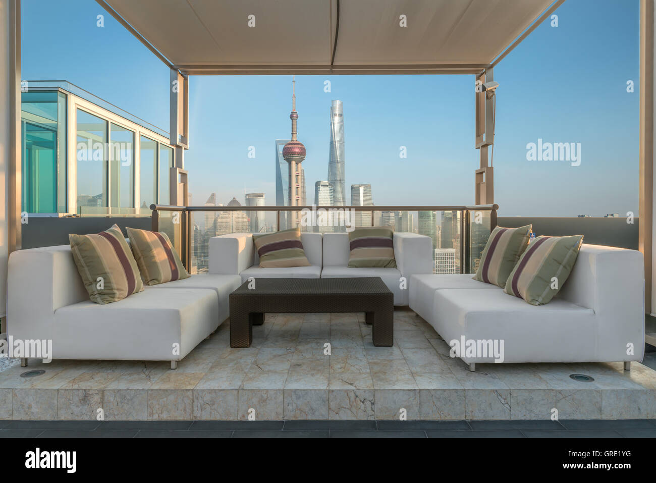 Chairs and couch sofa provide in lounge from a highrise rooftop in