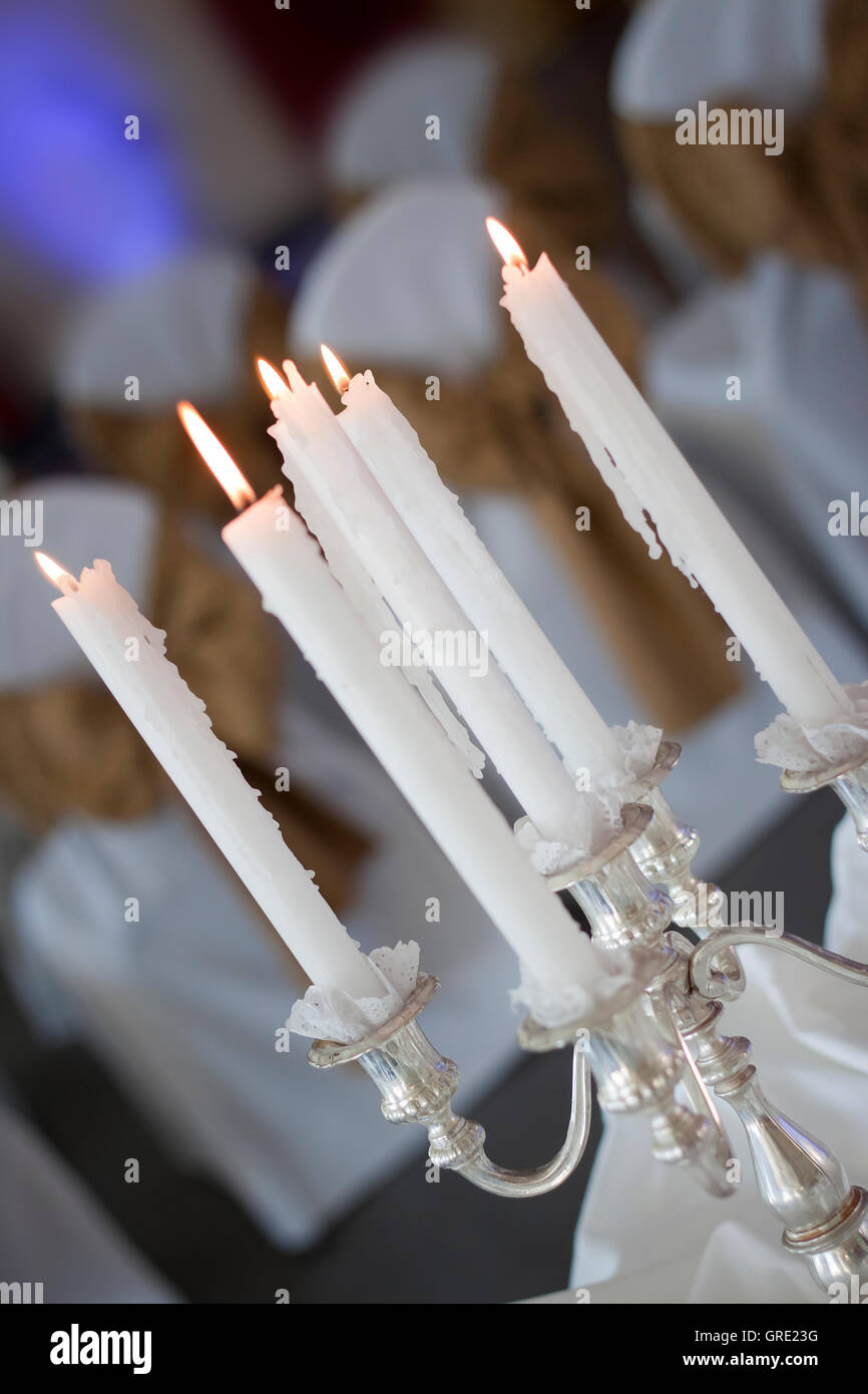 Silver candelabra with candles Stock Photo Alamy