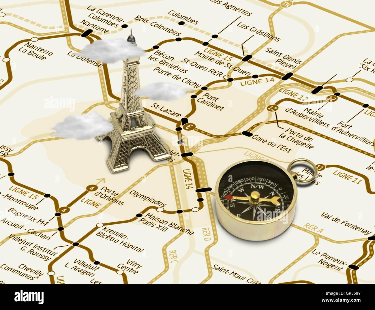 Eiffel tower on a map of Paris Stock Photo