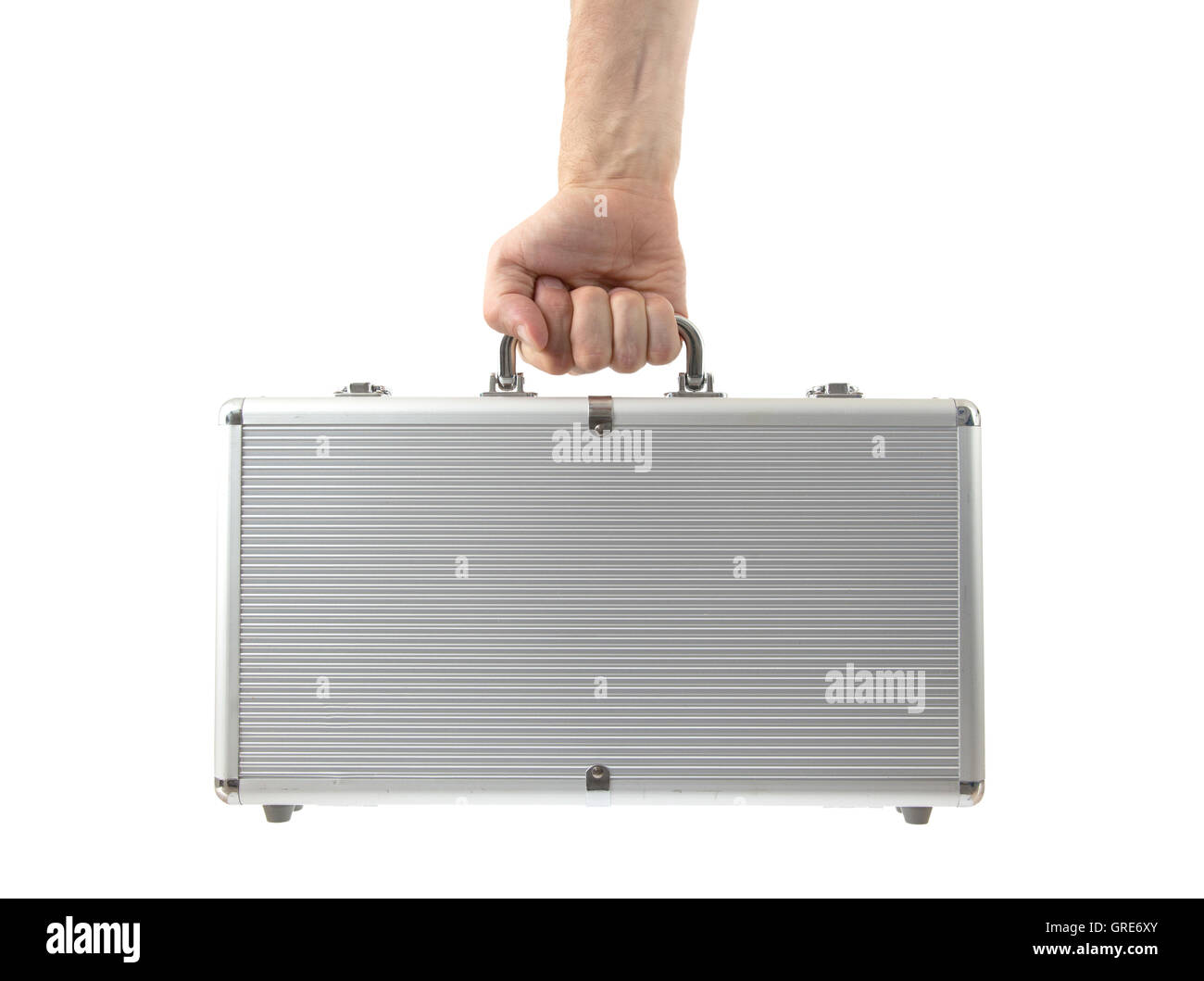 Silver metal briefcase in hand Stock Photo Alamy