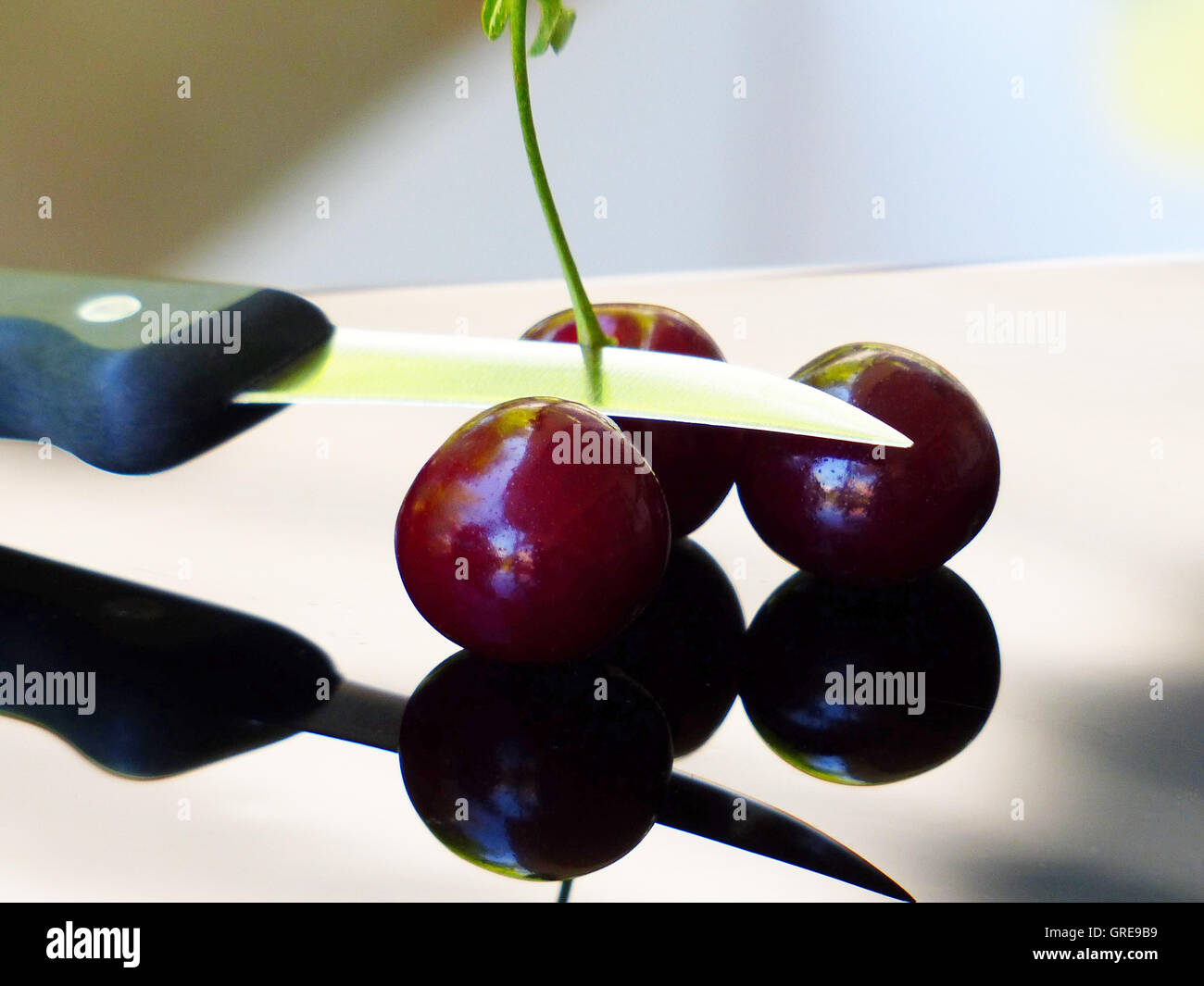 Dark Red Cherries And A Knife, Soft And Hard, Sweet And Dangerous Stock Photo