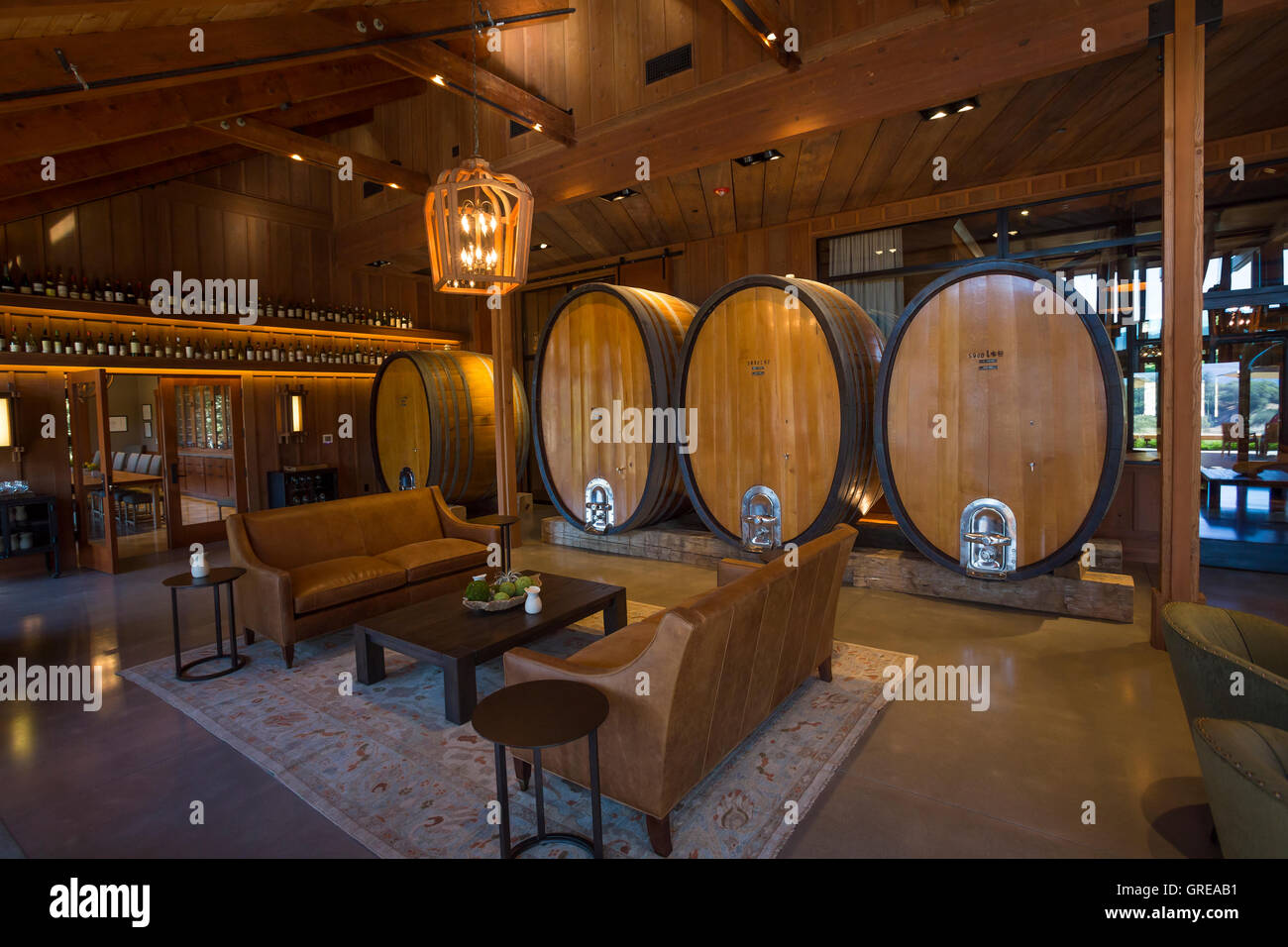 Indoor seated wine tasting area, wine tasting area, wine tasting room, tasting room, Joseph Phelps Vineyards, Napa Valley, Napa County, California Stock Photo