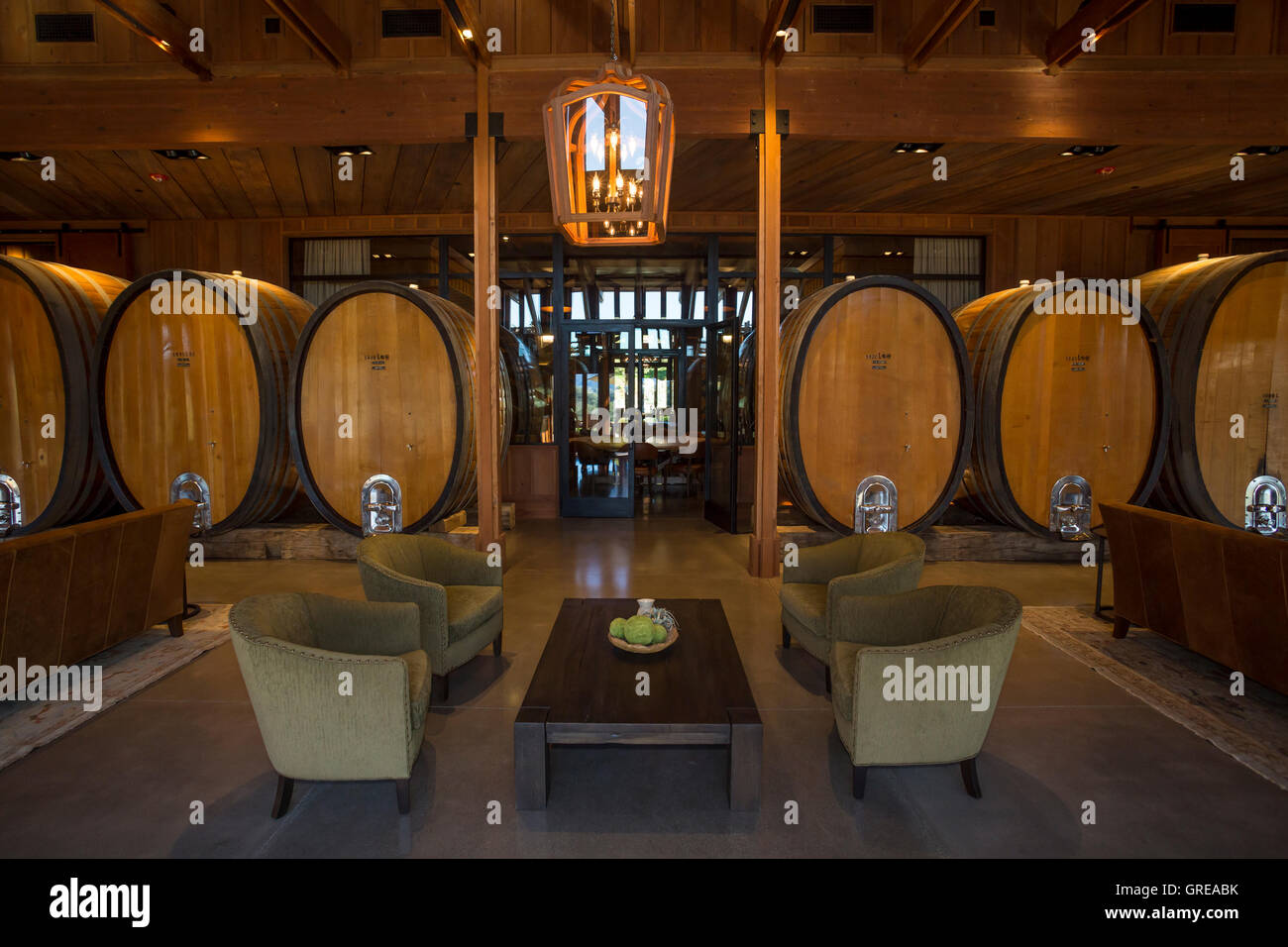 Indoor seated wine tasting area, wine tasting area, tasting room, Joseph Phelps Vineyards, Napa Valley, Napa County, California Stock Photo