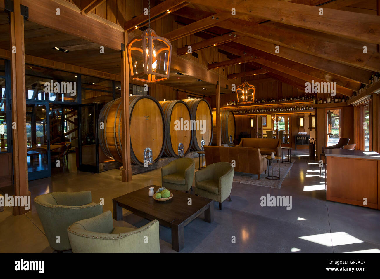 Indoor seated wine tasting area, wine tasting area, wine tasting room, tasting room, Joseph Phelps Vineyards, Napa Valley, Napa County, California Stock Photo