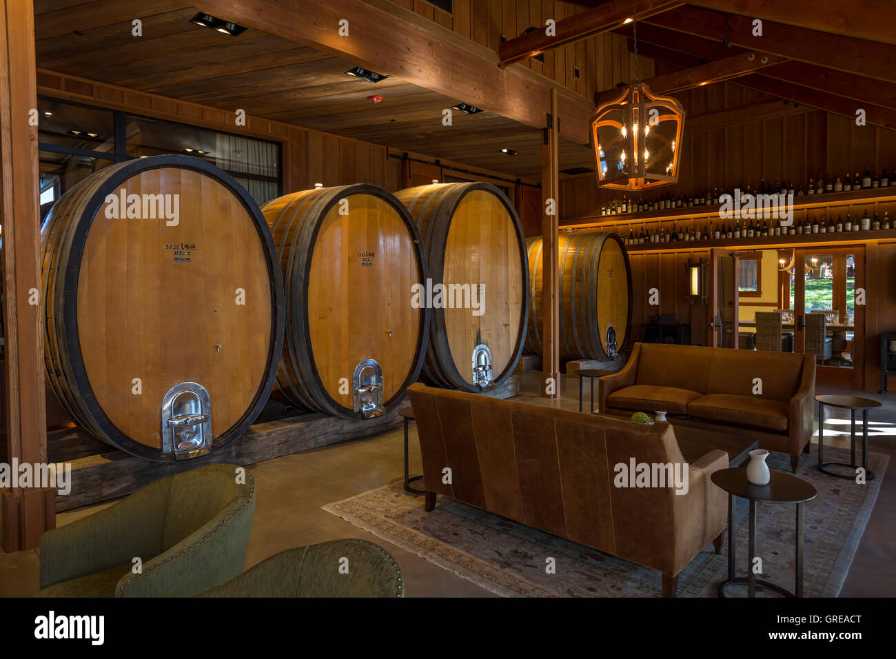 Indoor seated wine tasting area, wine tasting area, wine tasting room, tasting room, Joseph Phelps Vineyards, Napa Valley, Napa County, California Stock Photo