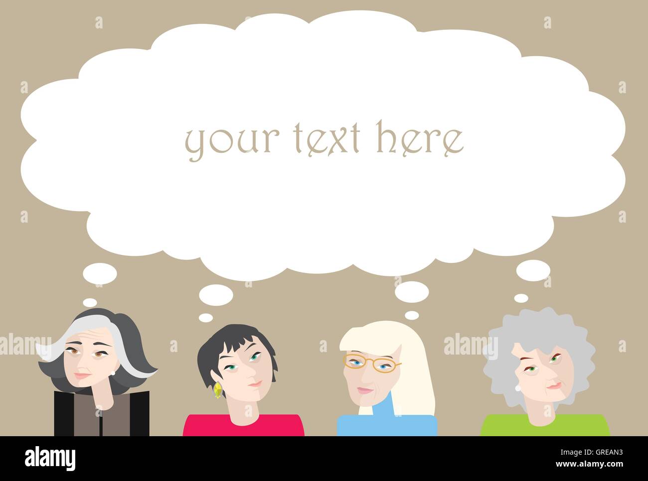 Four elderly and old women with thinking bubble above their heads. Stock Vector