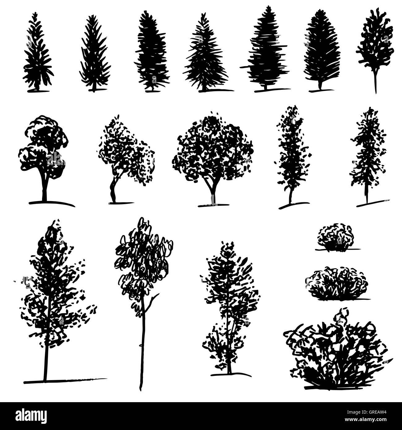 Set of hand drawn sketch trees on white background Stock Vector