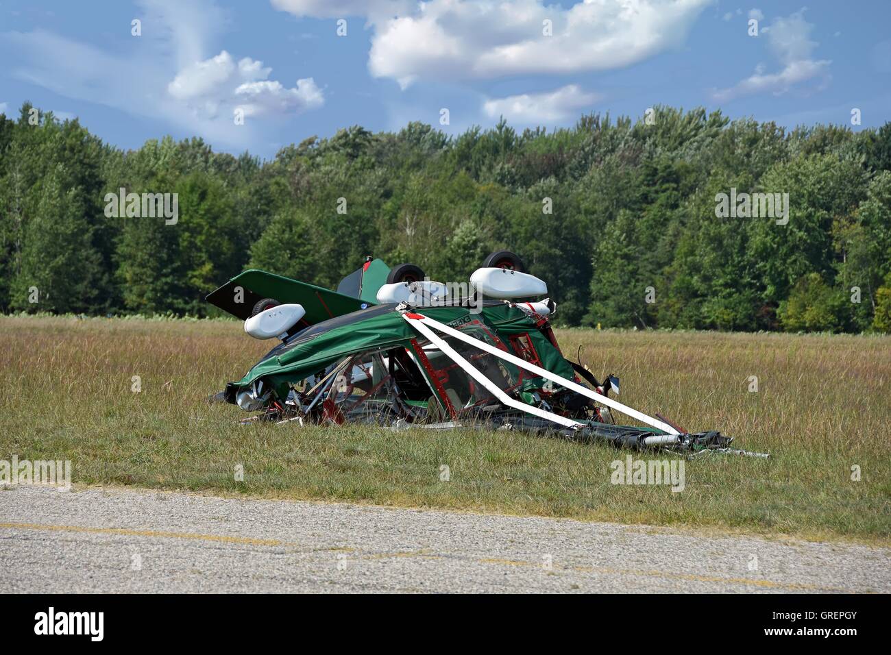 Ultralight crash in rural field Stock Photo