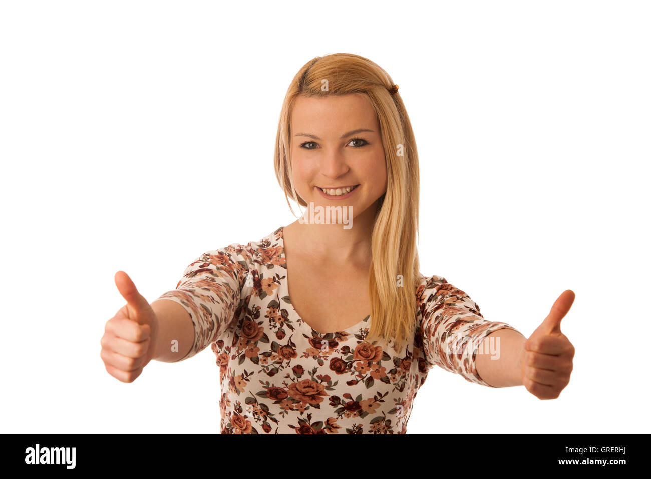 Cute blond woman showing thumbs up as  gesture for success isolated over white Stock Photo