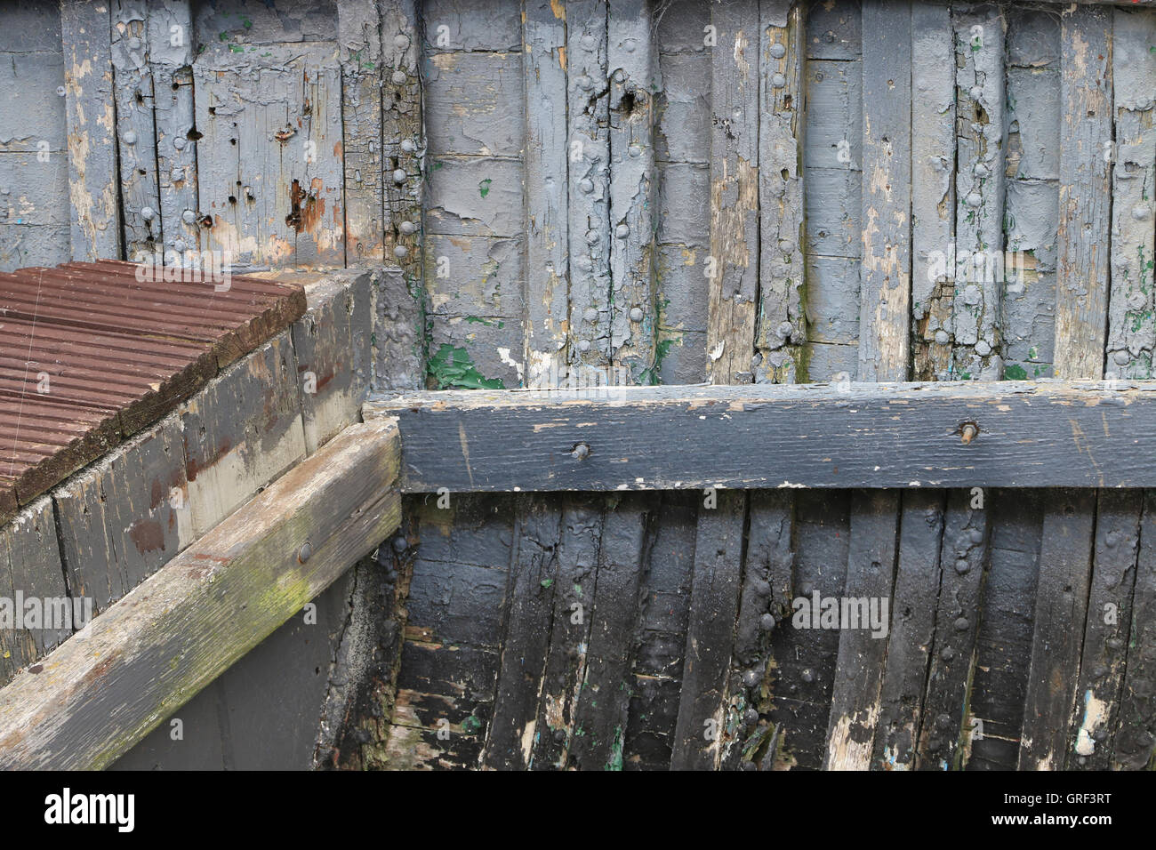 Weathered Paint On A Wooden Boat Interior Stock Photo