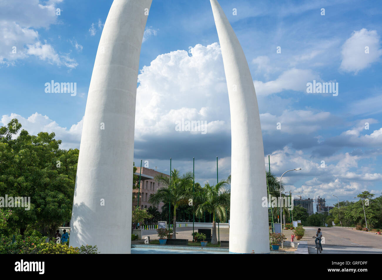 Horn shaped sculptures at the entrance of HITEX Exhibition Center Stock Photo